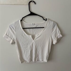 White Ribbed Women's Top V Neck Cropped Top